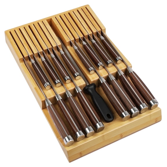 Bamboo Knife Drawer Organizer Insert, in drawer Knife Block with blade protection, Kitchen Knife holder for 16 knives, and sharpening steel (without knives)