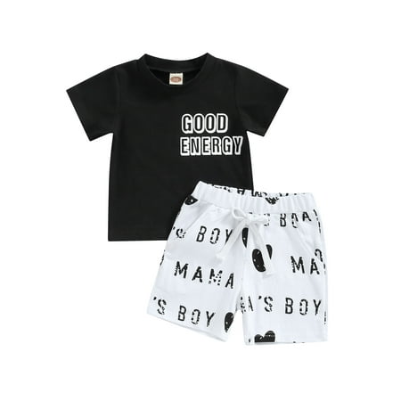 

IZhansean Toddler Baby Boys Summer Clothes Short Sleeve Letter Print T-Shirt Tops + Drawstring Shorts Outfits Black 6-12 Months