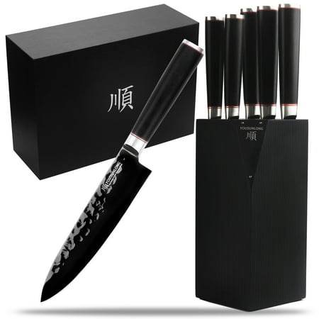 

YOUSUNLONG Knife Block Sets 5pcs Kitchen Knives Set - Japanese AUS8 Steel Black Titanium - Natural Fraxinus Americana Holder - Natural Blackwood Handle with Gift Box