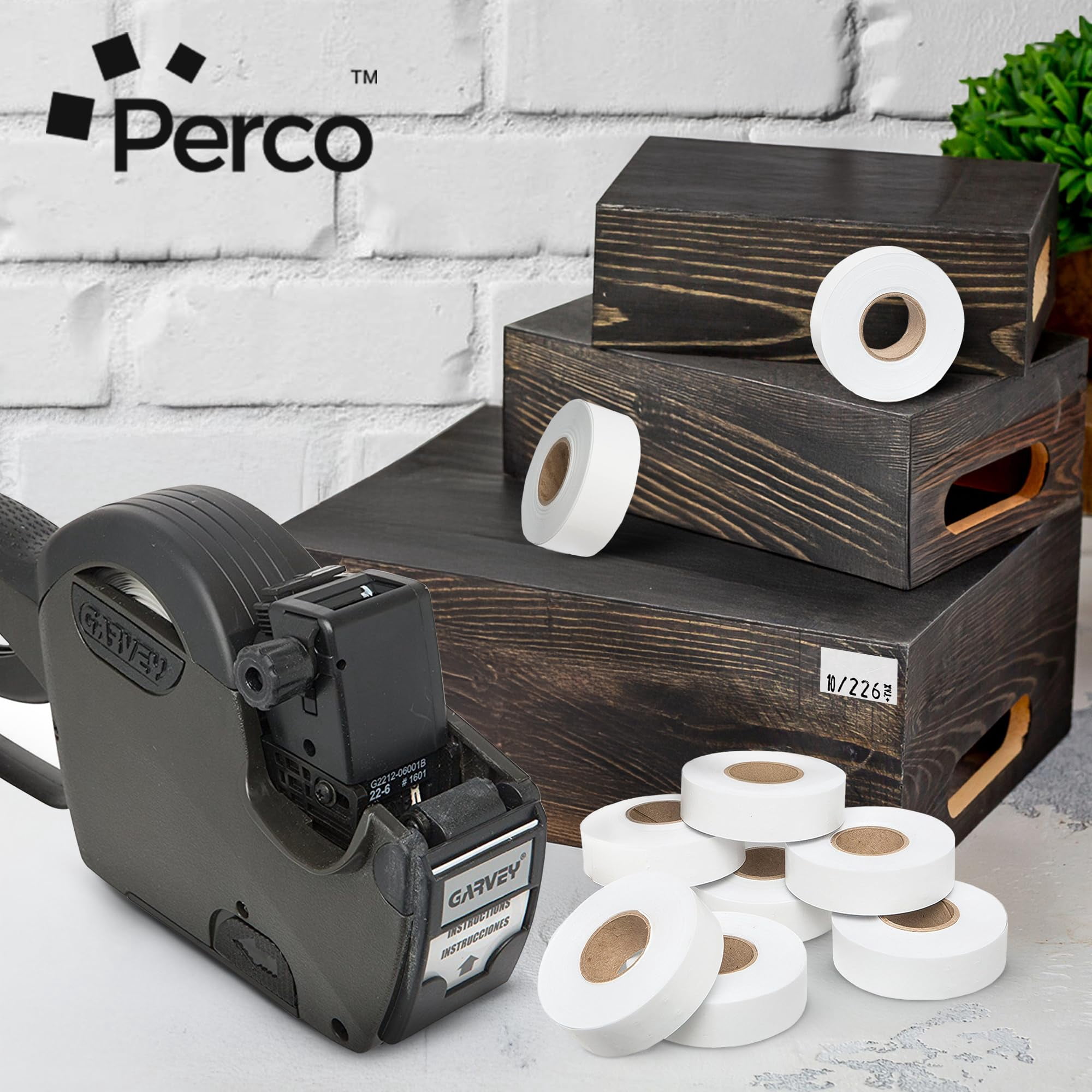 Perco White Price Marking Labels - 11,000 Blank Labels for Garvey Contact 22-6/22-7/22-8 Price Gun with Ink Roll Included - 9 Rolls, 1 Sleeve - Made in USA