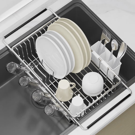 Dish Drying Rack in Sink, Expandable Over The Sink Dish Rack with Utensil Holder, Compact Storage for Kitchens, Stainless Steel , Silver