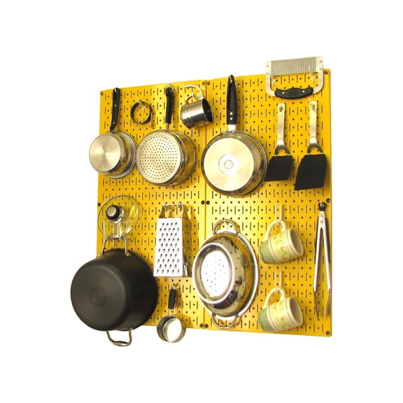 Wall Control Kitchen Pegboard Organizer Pots and Pans Pegboard Pack Storage and Organization Kit with Yellow Pegboard and White Accessories