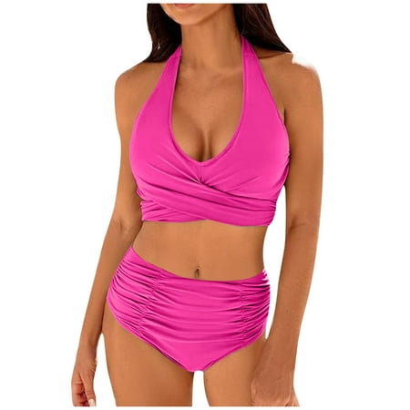 2025 Women High Waisted Bikini Sets Ruched Tummy Control Swimsuits Cute Cheeky Halter Two Piece Bathing Suit