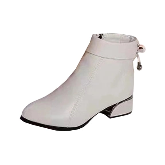 hopeusnice Back Zip Square Heel Ankle Boots Women Tassel Detail Leather Upper Booties Beige 36