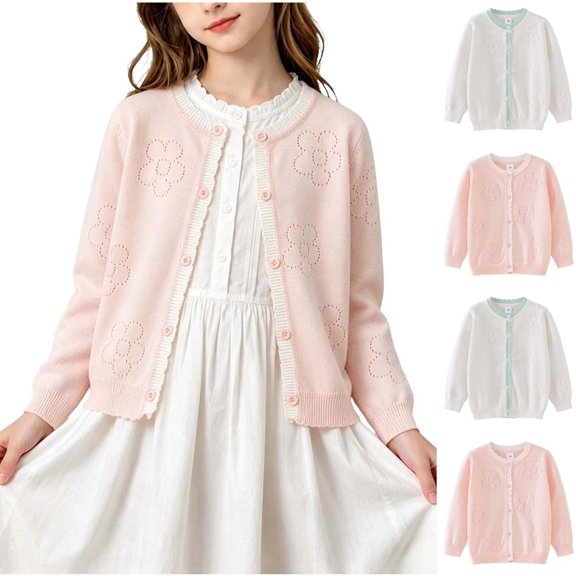 Abtuhar Toddler Kids Boys Girls Fall Winter Cardigan Coat Hollow Floral‑knit Round‑neck Coat for 1‑10 Years
