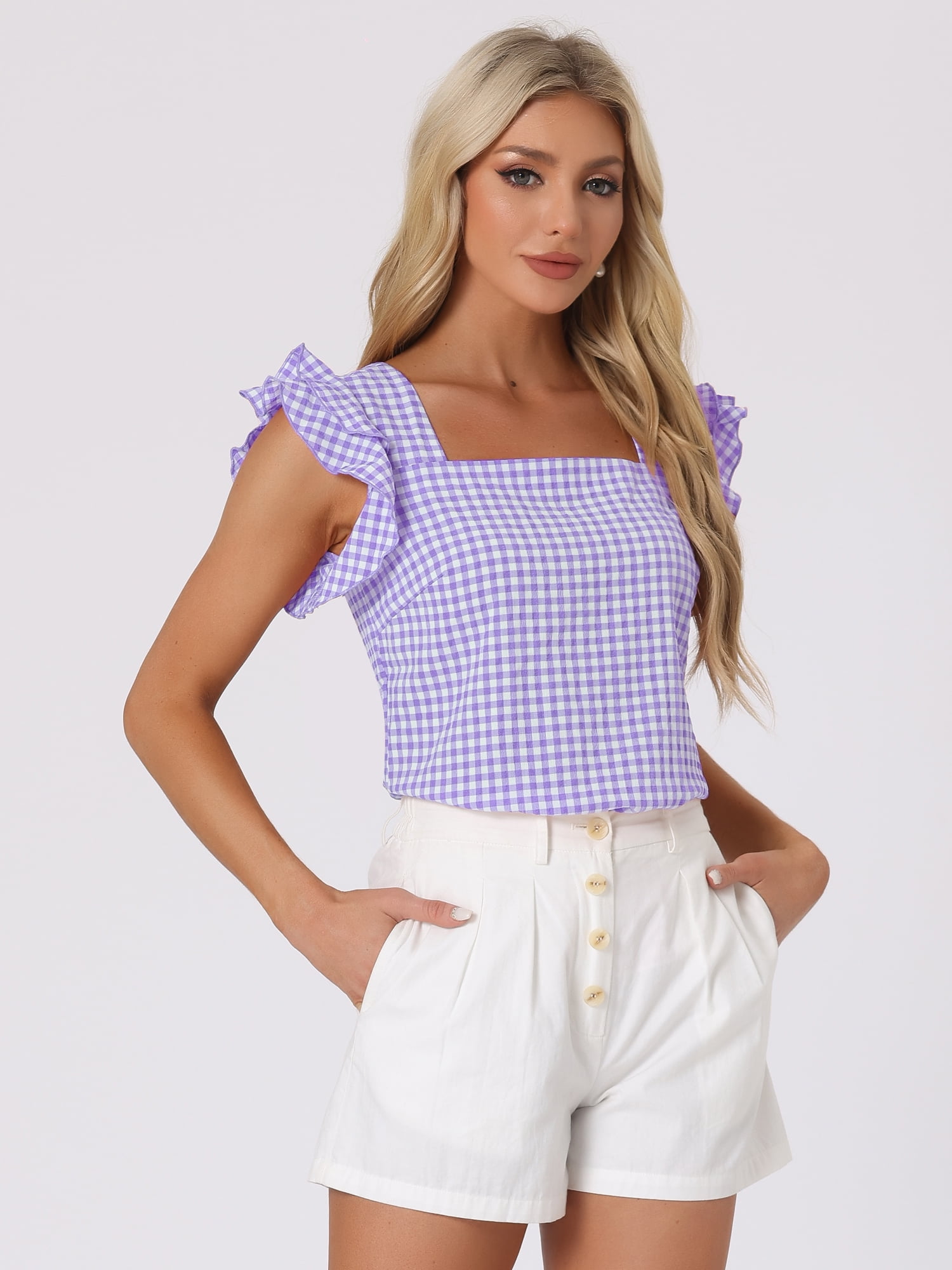 DARING DIVA Square Neck Ruffle Sleeve Blouse XS Lake Blue