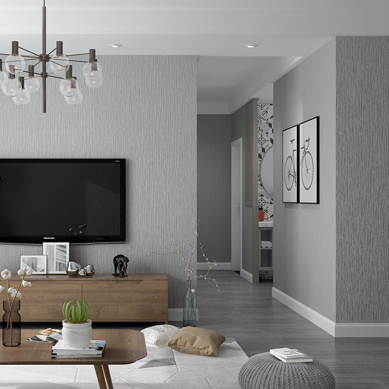Grasscloth Wallpaper Peel and Stick 20.9in X 393in Fabric Contact Paper Wall Paper Textured Wallpaper Vertical Stripes Look Self-Adhesive Thick Vinyl Embossed (Gray)