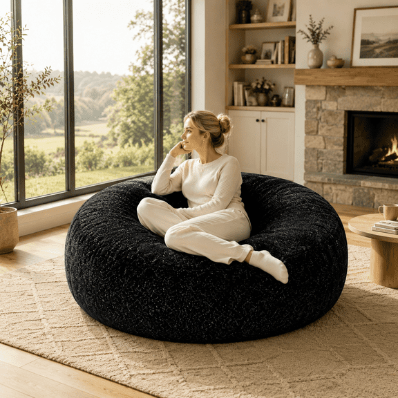Sanae 4FT Round Teddy Velvet Bean Bag Chair, High Density Shredded Memory Foam Filled, Removable Washable Slipcover for Bedroom Reading Gaming, Black