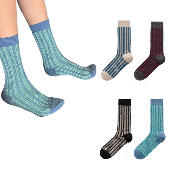 Gaoso Women's Calf Socks 4-Pack Colorful Striped Crew Socks Soft Warm Breathable Stretchy Cotton Socks Cute Vintage Funky Socks (Blue/Beige/Black/Gray)
