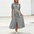 thumbnail image 5 of Ayolanni V Neck Dresses for Women Plaid Short Sleeve A-Line Maxi Dress Party Belted Birthday Elegant Long Dress with Puff Sleeve Black L, 5 of 7