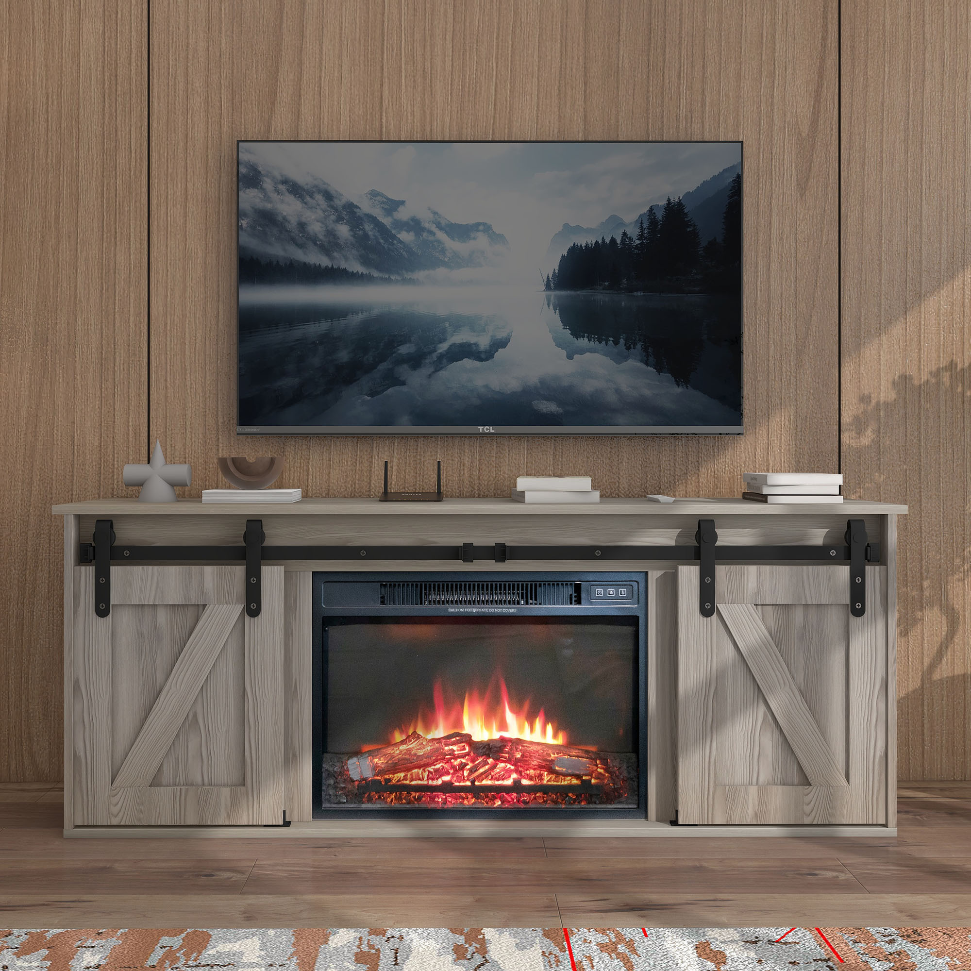 HIUU Washed Wood Brown Fireplace TV Stand with Storage,Barn Door