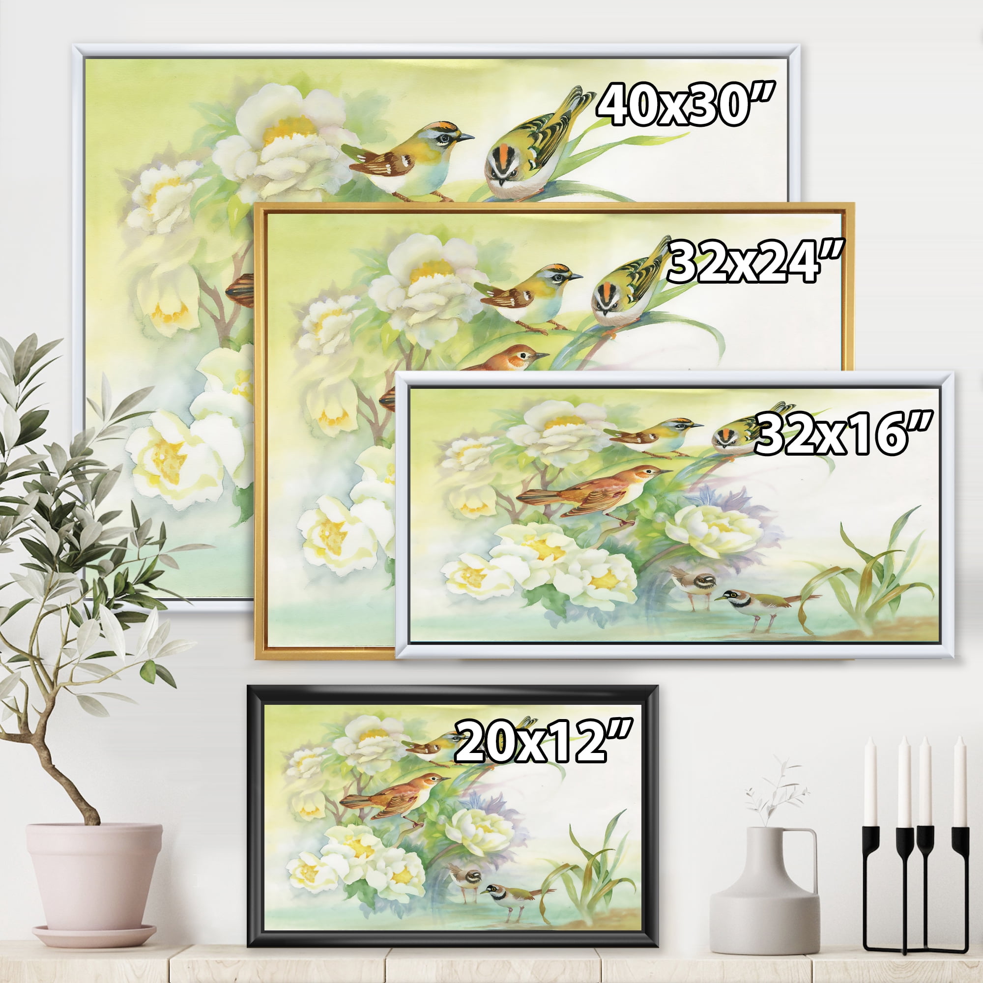 Designart 'Birds and Flowers In Rustic Scenery' Traditional Framed Canvas Wall Art Print