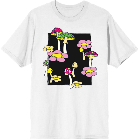Mushrooms & Flowers Adult White Crew Neck Short Sleee Tee-Medium
