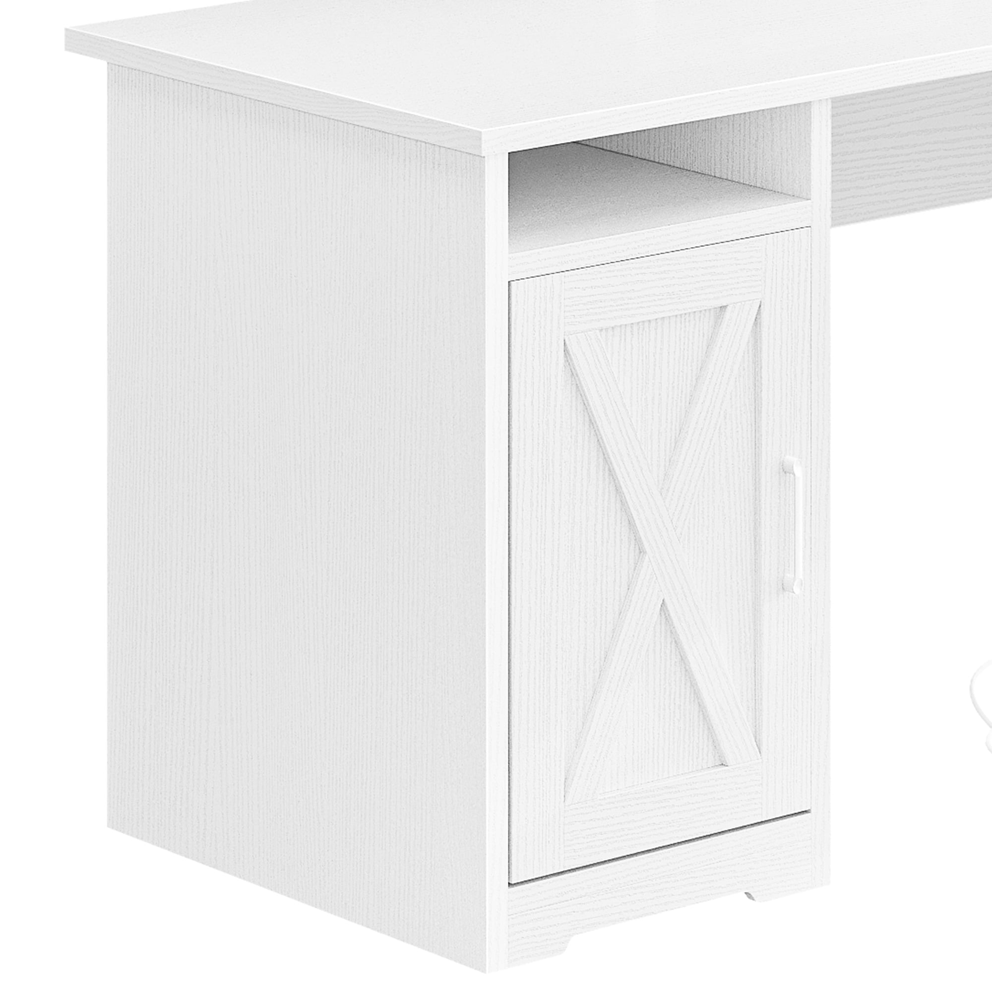 ModFusion 59 Inch L Shaped Corner Computer Desk with Power Outlets & USB Ports, Office Desk with File Drawer, Monitor Stand & Storage Shelves, White