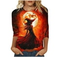 thumbnail image 1 of WZXFASHION 2025 T-Shirts d'Halloween pour Femmes Manches 3/4 T-Shirts Graphiques Sorcière Tops de Festival Col Rond Chandails en Molleton Offres du Jour Liquidation T-shirt à Manches Longues pour Femmes, 1 of 5