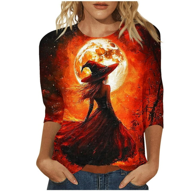 WZXFASHION 2025 T-Shirts d'Halloween pour Femmes Manches 3/4 T-Shirts Graphiques Sorcière Tops de Festival Col Rond Chandails en Molleton Offres du Jour Liquidation T-shirt à Manches Longues pour Femmes
