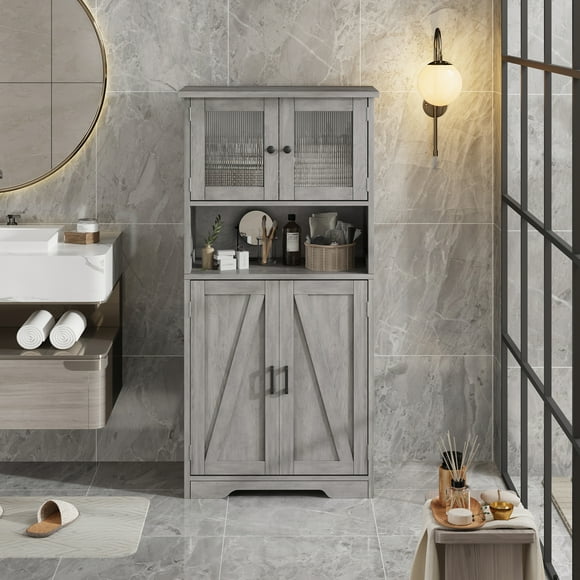 Freestanding Bathroom Cabinet, Kitchen Pantry Cabinet, Floor Storage Cabinet with Glass Doors & Open Shelf, Multipurpose Storage Cabinet with Adjustable Shelves for Bathroom Kitchen Living Room