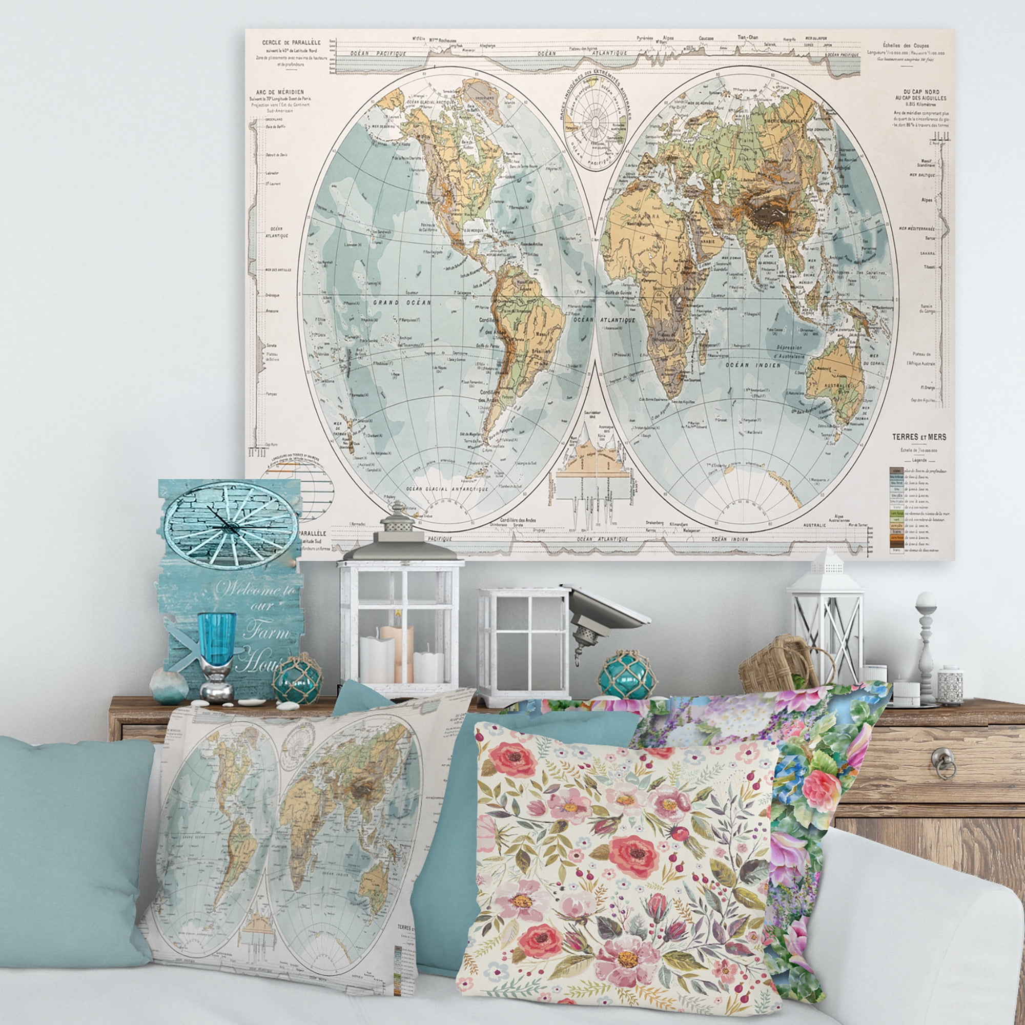 Designart ' Ancient World Map II ' Rustic Canvas Wall Art Print