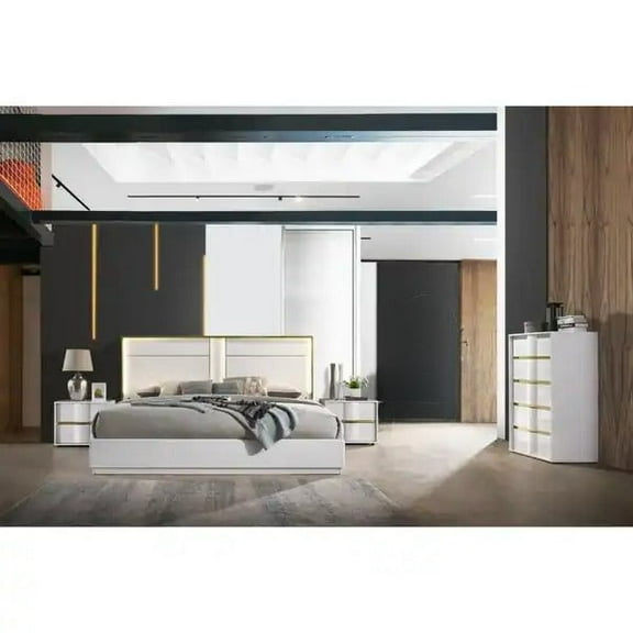 4PC Lacquer Finish Bedroom Furniture Set, Queen LED Bed, 2 Nightstand and Drawer Chest, White
