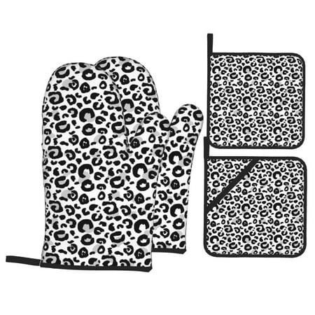 

Oven Mitts and Pot Holders 4 pcs Set cool black grey Leopard print Heat Resistant Pot Holders Oven Mitts for kitchen Non-Slip Hanging Loop Oven Glove Potholders for Baking Cooking