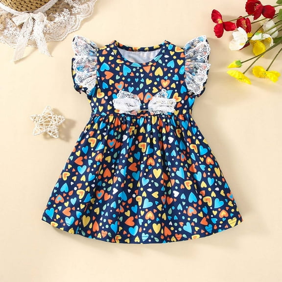 XMMSWDLA Toddler Girl Clothes Kids Baby Girls Fashion Cute Flying Sleeves Lace Heart Pattern Bow Dress