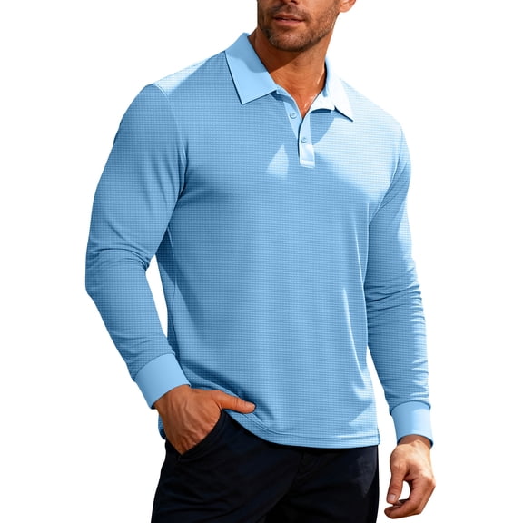 Men's Polo Shirts Long Sleeve, Solid Color Casual Fall Winter Classic Work Collared T Shirt Sky Blue L
