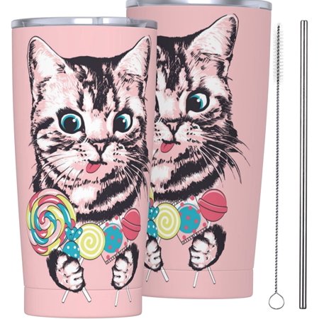 

Cute Striped Kitten With Candies Tumbler Travel Coffee Mug With Flip Lid 20 Oz Insulated Tumbler Cup Gift For Father Mother Friend Birthday