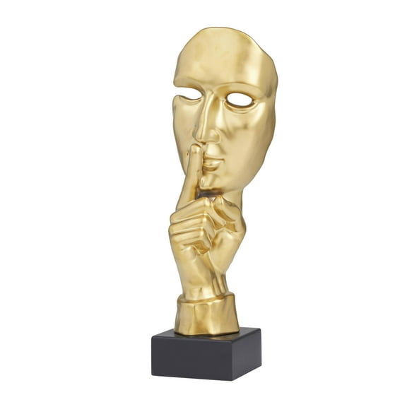 6" x 17" Gold Porcelain Ceramic Quiet Gesture Mask Sculpture, by DecMode