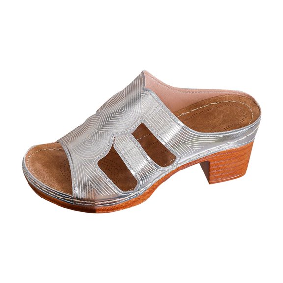 ShiShine Womens Casual Summer Low Block Heel Mule Sandals Open Toe Multi Strap Embossed Shoes