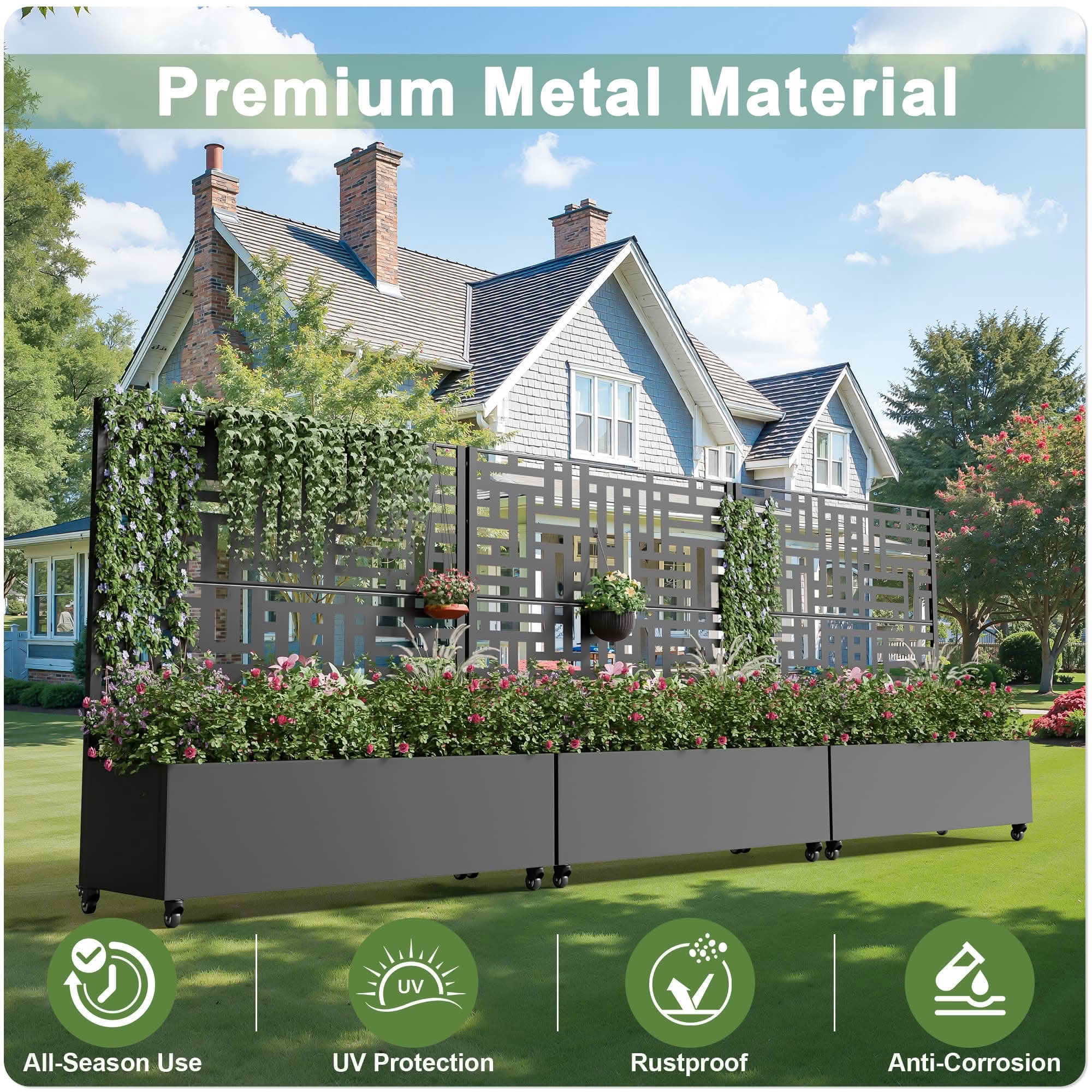 MAYEERTY 47x47x16 Inch Black Metal Rectangular Planter Box with Trellis for Street, 3 Piece Set