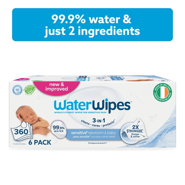 WaterWipes Sensitive+ Newborn & Baby Wipes, 3-In-1 Cleans, Cares, Protects, 99.9% Water, Unscented & Hypoallergenic