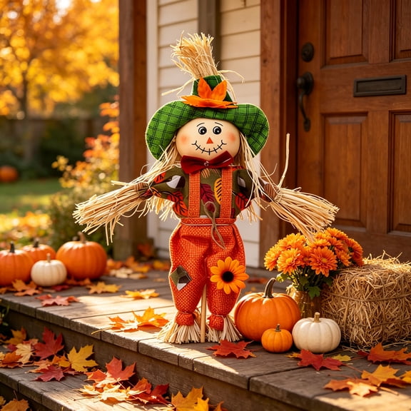 Fall Decor Rustic Standing Scarecrow Decorations with Clothes & Hat for Autumn Thanksgiving Halloween Outdoors