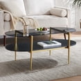 thumbnail image 3 of Rectangle Coffee Table Mid-Century Modern Design L W x H for Living Room - Structure Amber Glass Top and Walnut MDF Shelf Sleek Conical Metal Legs with Gold Finish, 3 of 9