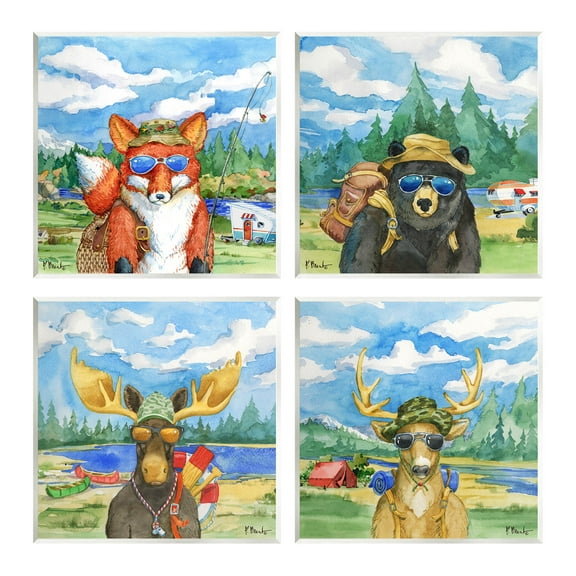 Stupell Industries Happy Camper Woodland Animals Painting Unframed Art Print Wall Art, Set of 4, Design by Paul Brent