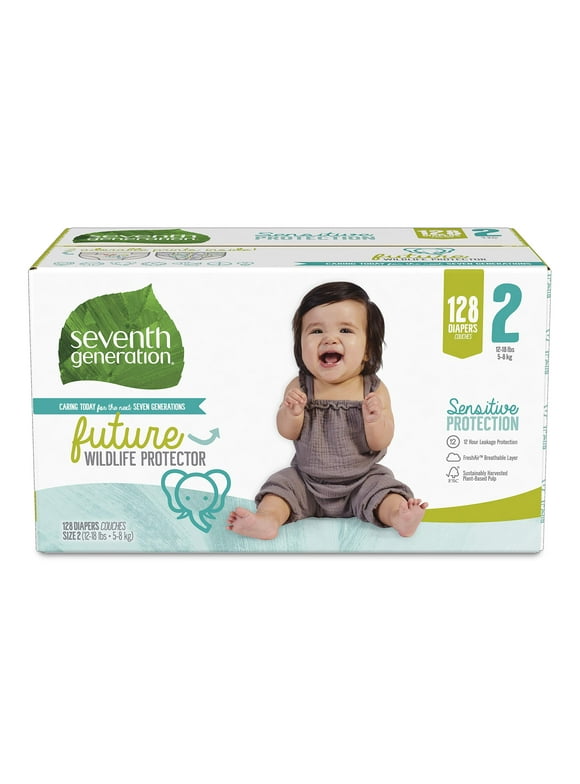 Seventh Generation Baby Diapers, Size 2, 128 Count, Giant Pack, For Sensitive Skin