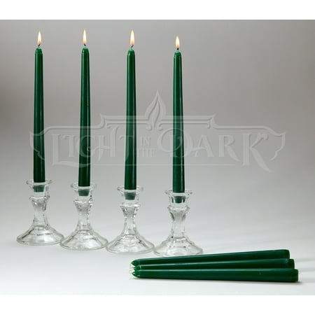 light in the dark holiday green taper candles - set of 14 dripless candles - 10 inch tall, 3/4 inch thick - 7.5 hour clean