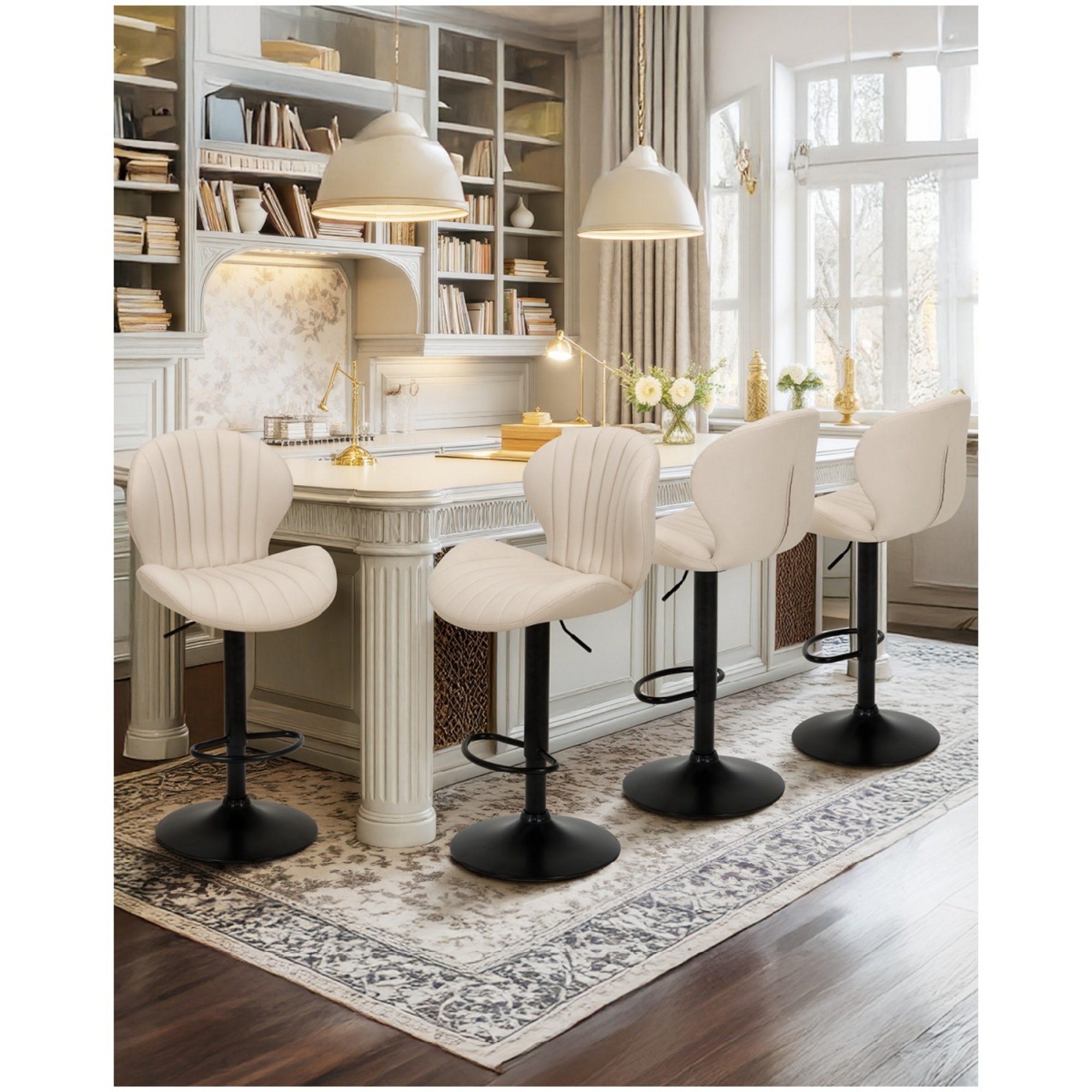 EOP Swivel Bar Stools Set of 4, Modern Upholstered Adjustable Height Counter Stools with Footrest, Faux Leather Upholstered BarStools with Metal Frame, Bar Chairs with Backrest, Beige