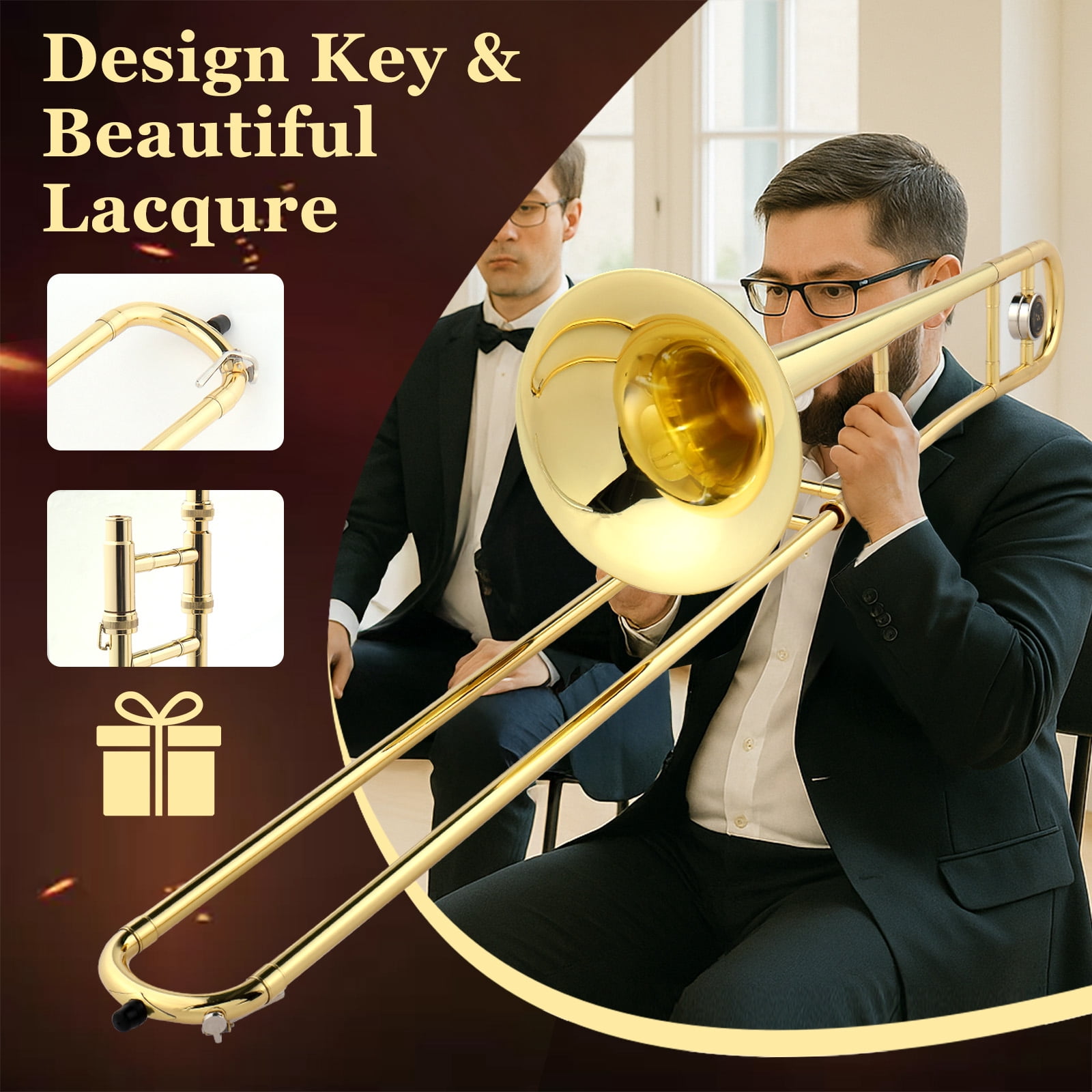 Ktaxon Bb Tenor Slide Trombone for Beginners Students, B Flat Brass Plated Trombone Instrument with Mouthpiece, White Gloves, Golden