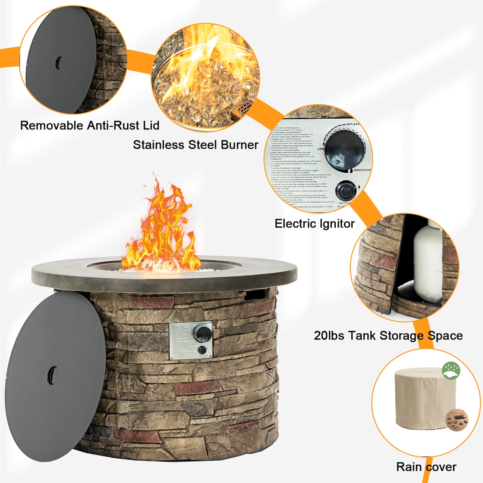 36'' Propane Gas Fire Pit Table, 50000 BTU Round Concrete Fire Pit for Outside Patio Deck Garden Backyard
