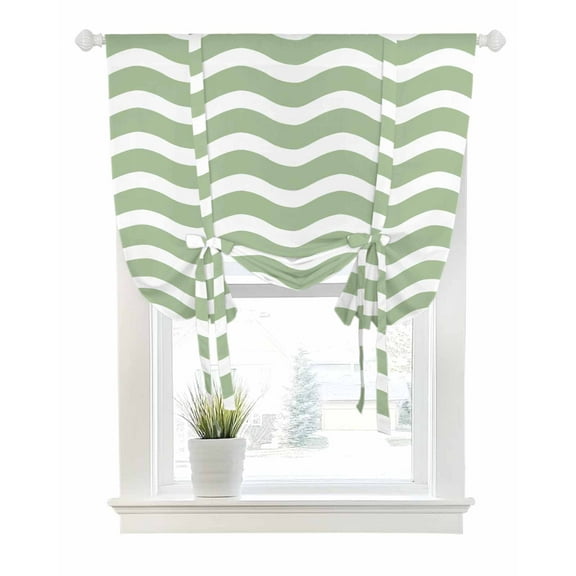 Sage Green Tie Up Curtains for Window, Thermal Insulated Balloon Shade Adjustable Rod Pocket Curtains Valance Panels for Kitchen Bathroom Cafe 34 x 45 Modern Abstract Waves Water Ripple Striped