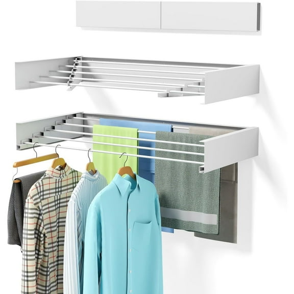 Demine Wall Mounted Clothes Drying Rack, 32’’ Foldable Retractable Laundry Rack, Space-Saving Indoor Outdoor Clothes Hanger with 5 Drying Rods