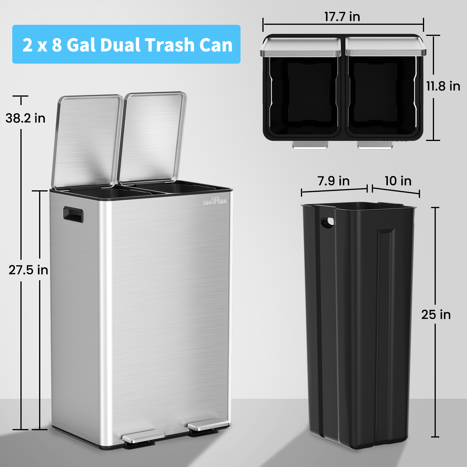 mVm 16 Gal Dual Trash Can, 2 Compartment Kitchen Trash Can with Lid, Modern Office Garbage Bin(Silver)