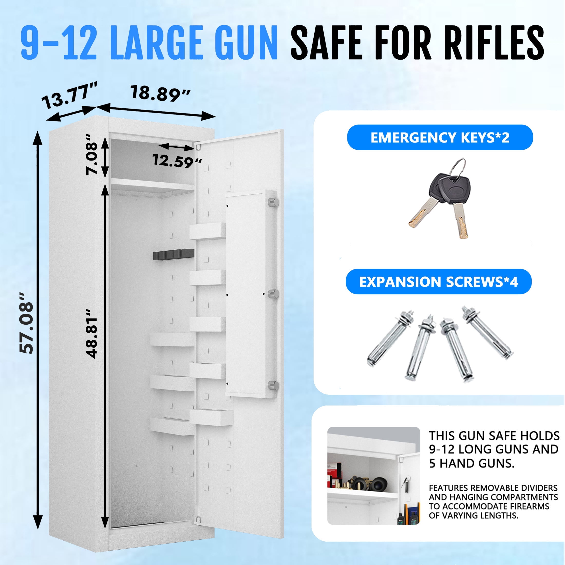 Sapital Biometric Rifle & Shotgun Safe, Heavy Duty Steel Gun Cabinet with Adjustable Racks, White