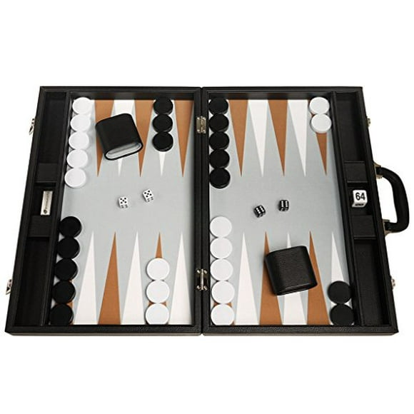 19-inch Premium Backgammon Set - Large Size - Black Board, White and Rum Points