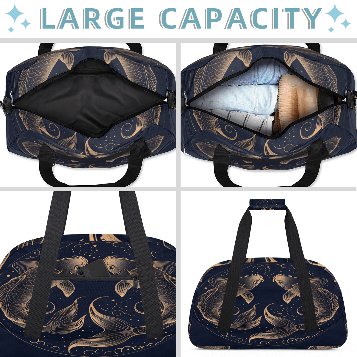 Herdesigns Zodiac Sports Duffle Bag for Women & Men, Pisces Vintage Fish Gym Bag Dance Bag Overnight Bag Carry On Weekender Travel Bag