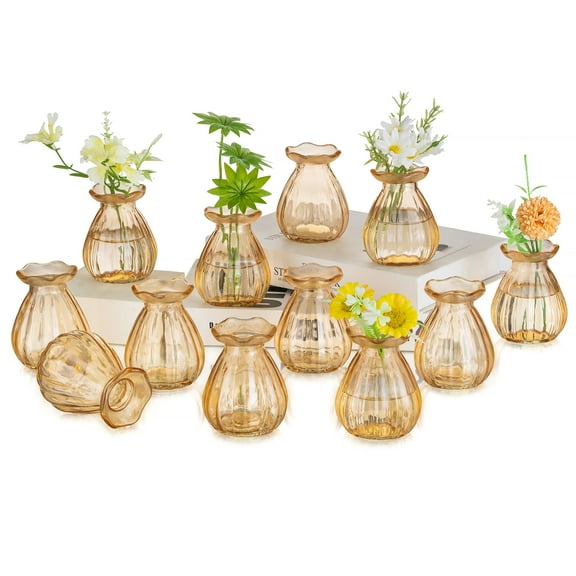 Glasseam Set of 12 Vintage Amber Glass Bud Vases - Small Mini Flower Vases for Weddings, Parties, and Home Decor - Champagne Pink Centerpiece Vases for Tables and Events