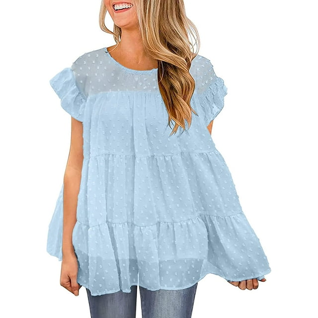Hauts pour Femmes Décontractés Manches Courtes à Volants Blouse Tunique Ample