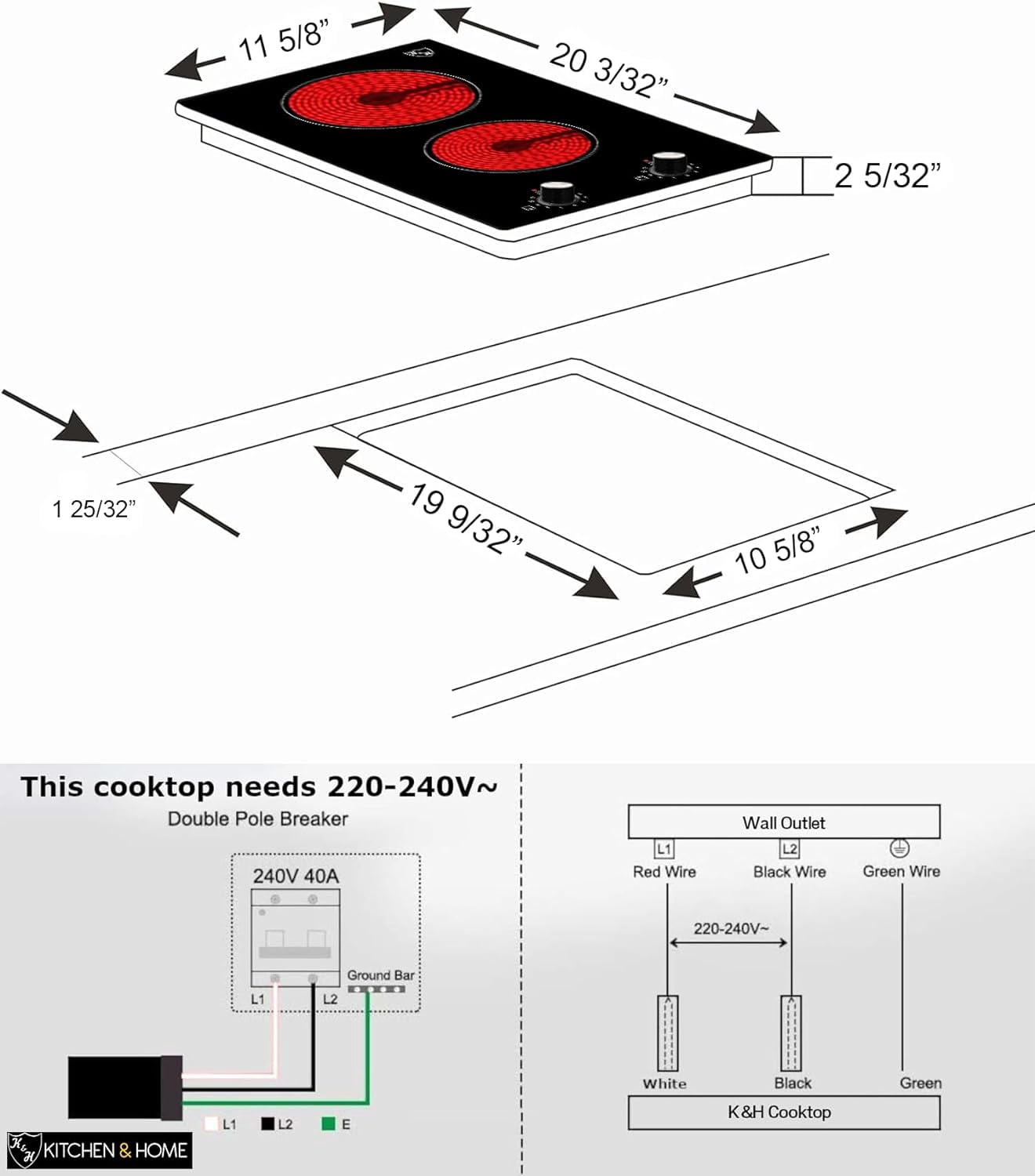 K&H German Designed 2 Burner Dual 12 Inch Built-in Electric Stove Top Radiant Ceramic Kitchen Cooktop Knob Control 240V 3000W KCN-3002K