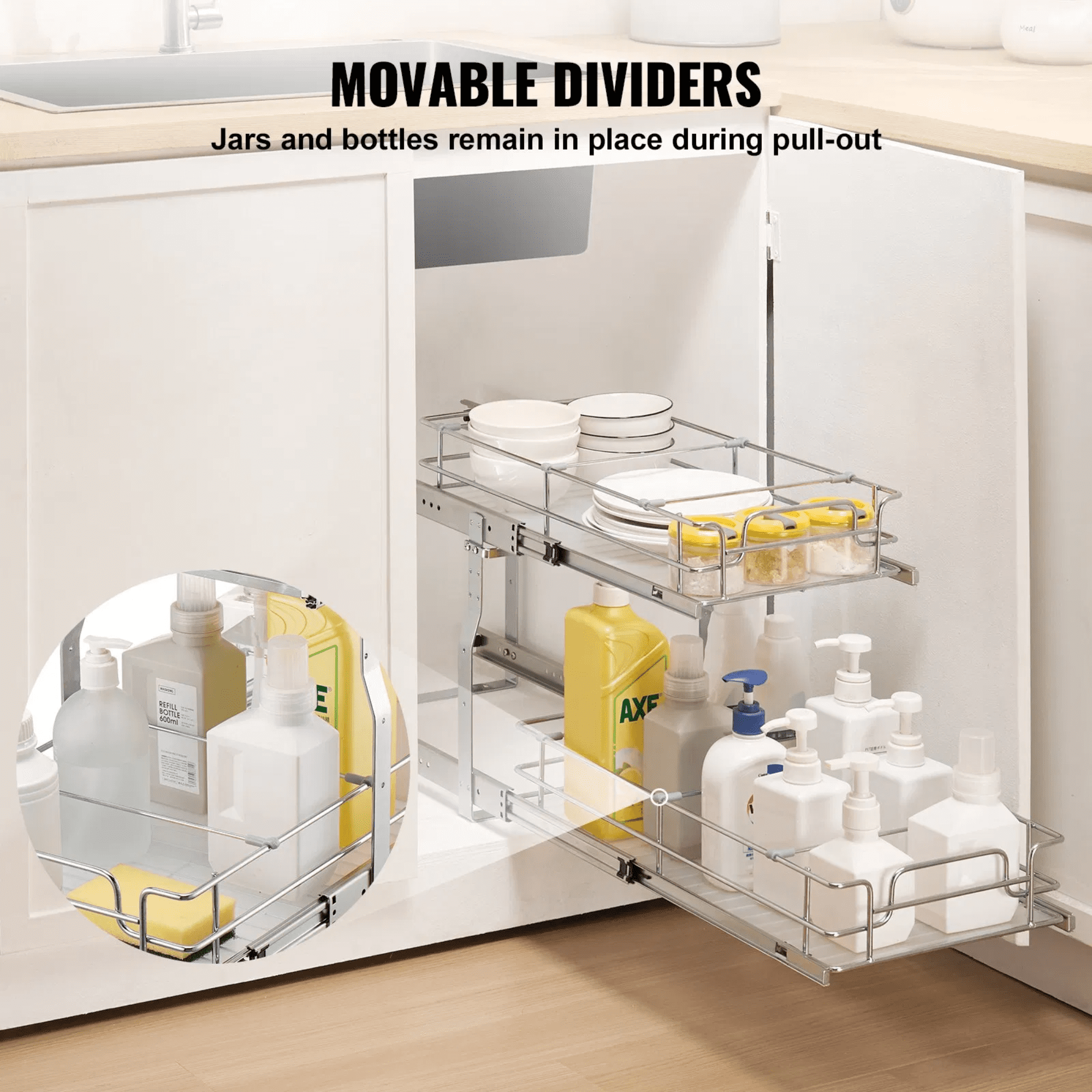 2 Tier Pull Out Cabinet Organizer, 12” W x 21” D Heavy Duty Sliding Pantry Shelves with Dividers, Steel Roll-Out Drawer for Kitchen Cabinet & Under Sink Storage