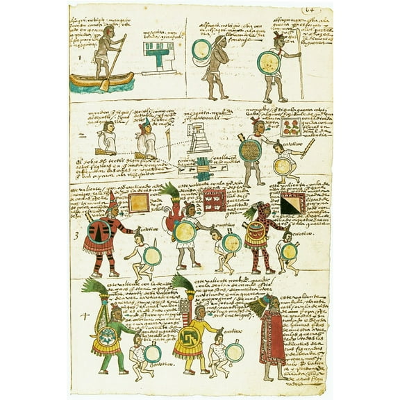 24x36 gallery poster, Aztec Codex Mendoza showing commoner advancing through the ranks by taking captives in war